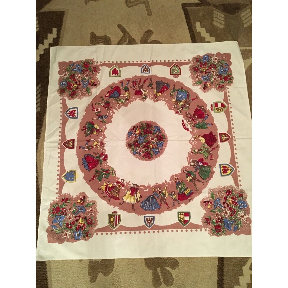 VTG 1950s-60s Tablecloth Floral Family Crests Dancing People ARTEX Table Decor
